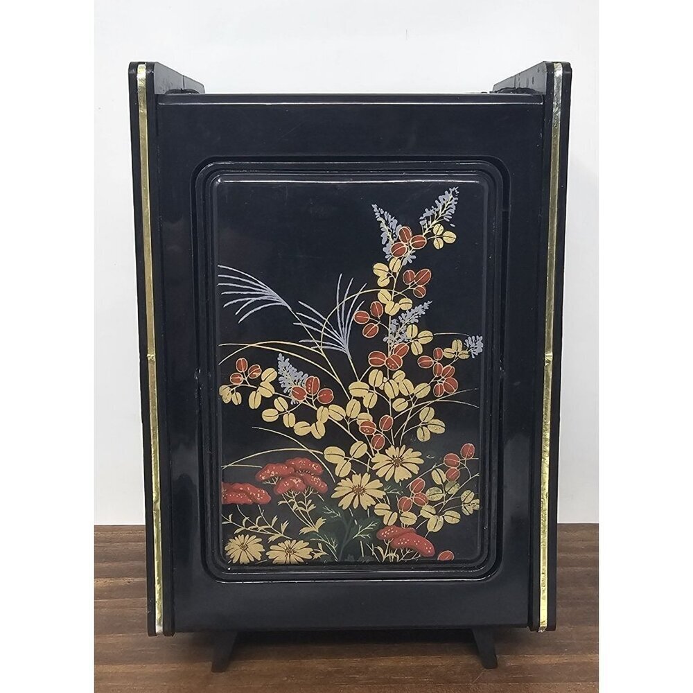 Vintage Hong Kong Black Vanity Jewelry Trinket Box Flip Rotating Mirror Floral